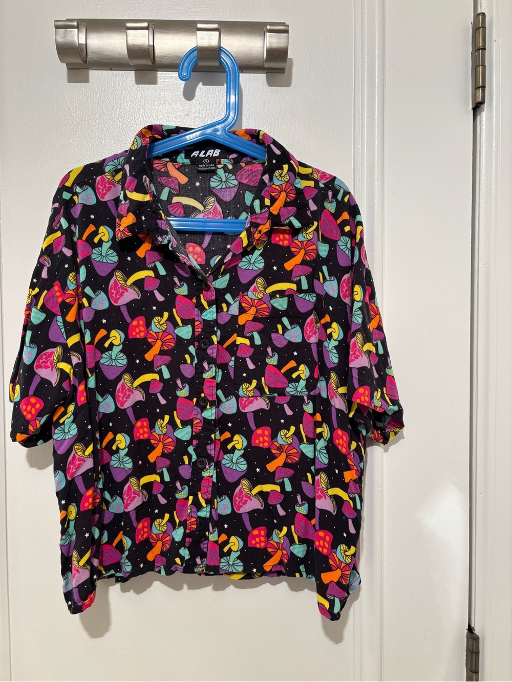 ALAB Black Button-Up Shirt with Bright Mushroom Print